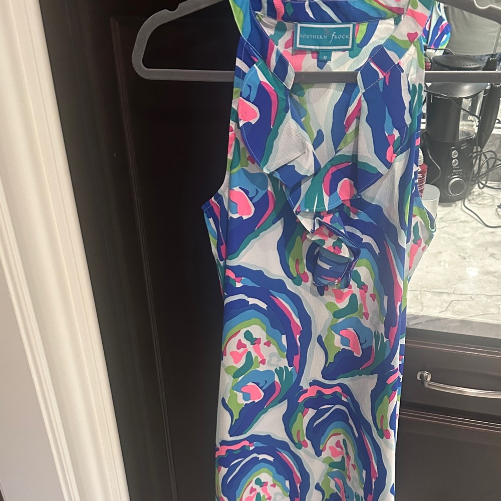 Southern Flax Sleeveless Blue Abstract Print Ruffle Dress